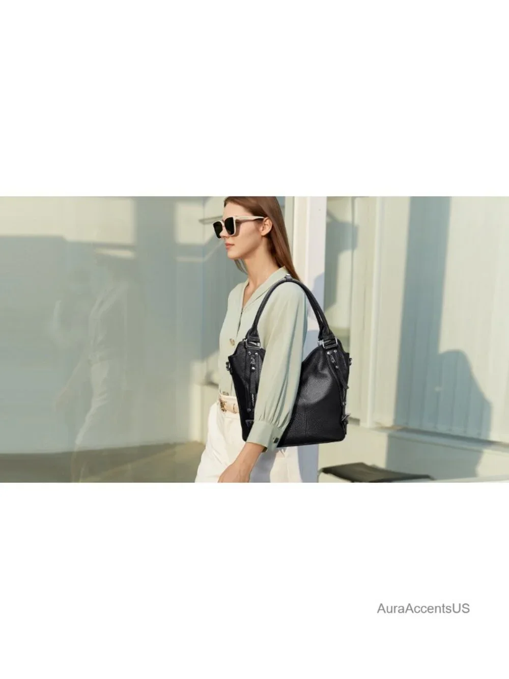 Genuine Leather Large Hobo Bag Multi Pockets Shoulder Purse
